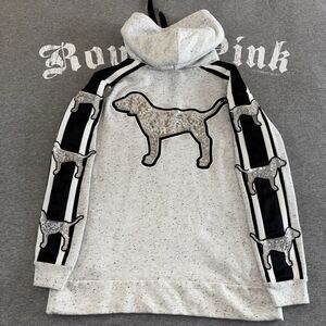 Victoria's Secret PINK Hoodie Silver Sequin Bling Pup Dog Logo Pullover Medium